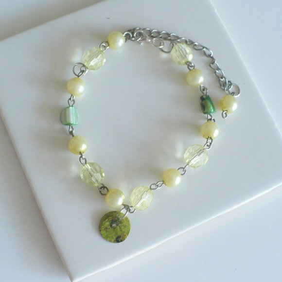 ❤️Retro Reconstructed Bracelet Green-Cream 8" - Picture 1 of 5